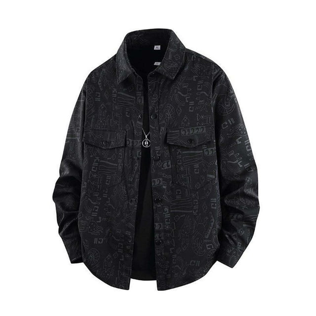 NTACZA Work Jacket for Men Lapel Collar Lightweight Shirt Jacket Button Down Graphic Cargo Shacket Fall Outerwear for Man,L