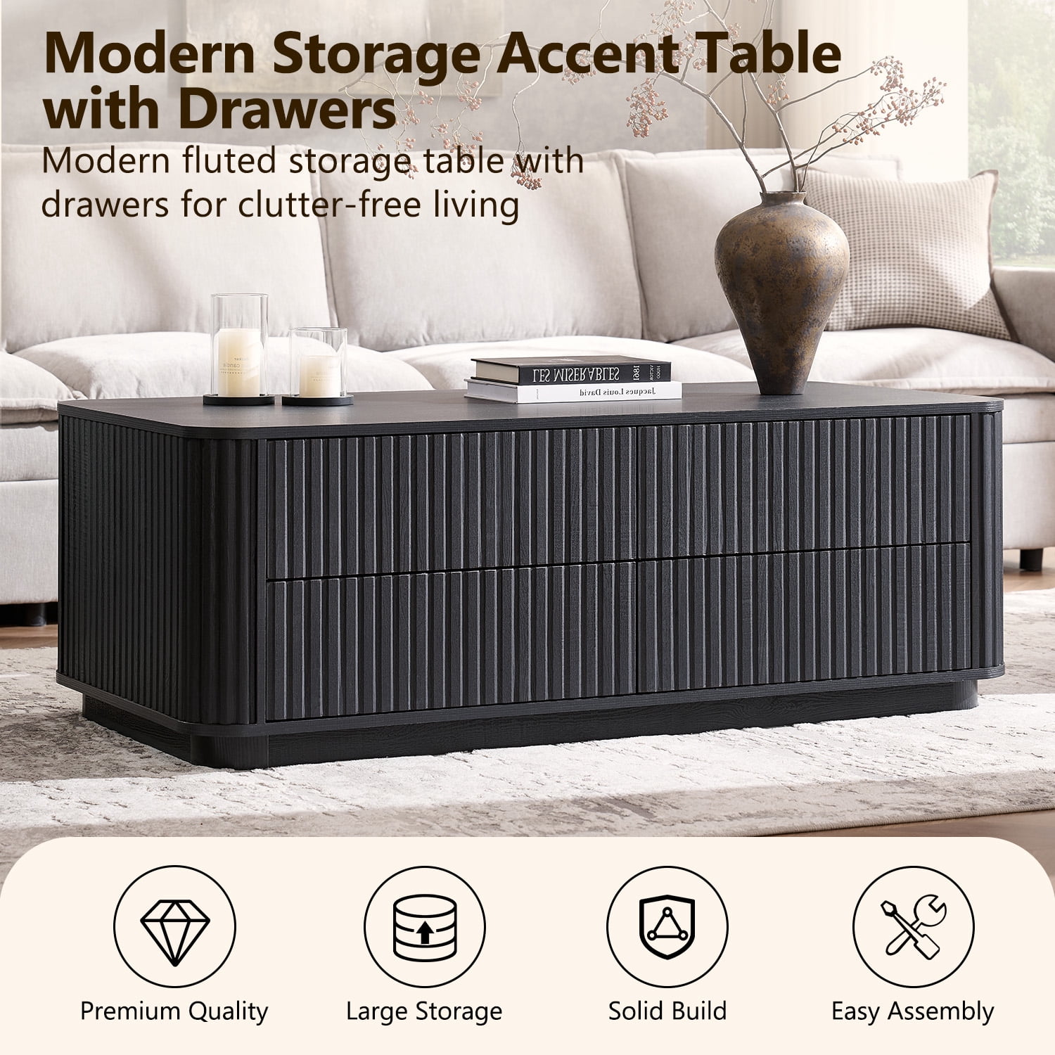 IFMUST 51" Modern Fluted Coffee Table with 4 Hidden Drawers, Curved Edges, for Living Room