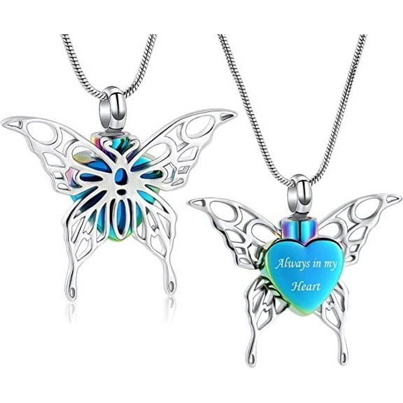 Butterfly & Heart Stainless Steel Cremation Urn Necklace for Ashes Hollow Butterfly Urn Necklace for Women Men Memorial Keepsake Gifts