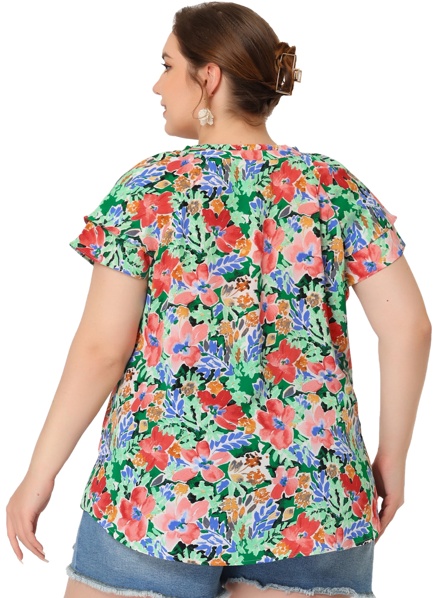 Unique Bargains Women's Plus Size Layered Sleeve V Neck Floral Tops Tunics 3X Green