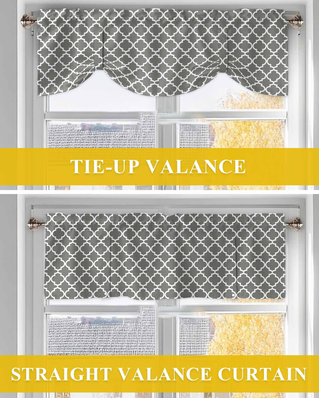 Moroccan Tie Up Valances Curtain, Adjustable Kitchen Grey Geometric Valances for Windows Decor, Rod Pocket Short Curtains Set for Bedroom/Bathroom, 54"x18"