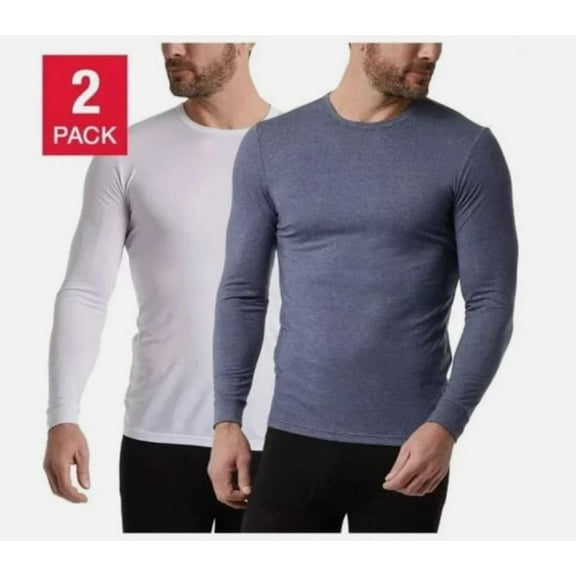 32 Degrees Heat Men’s Long Sleeve Crew Neck Shirt, 2-Pack – White & Heather Blue, Large