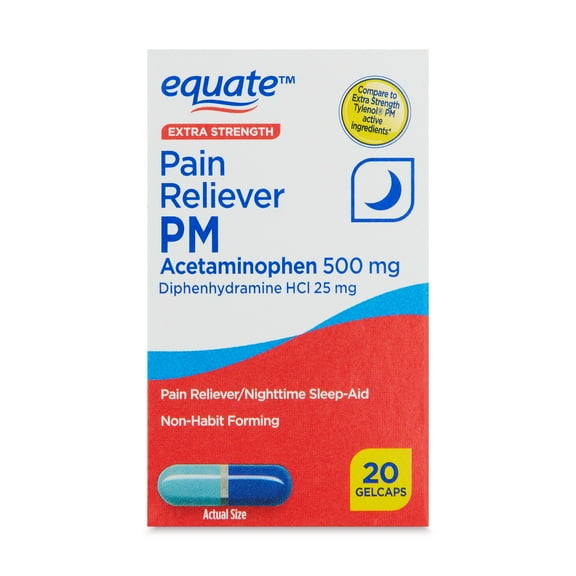 Equate Extra Strength Acetaminophen and Diphenhydramine HCl Nighttime Pain Relief Gelcaps, 20 Count
