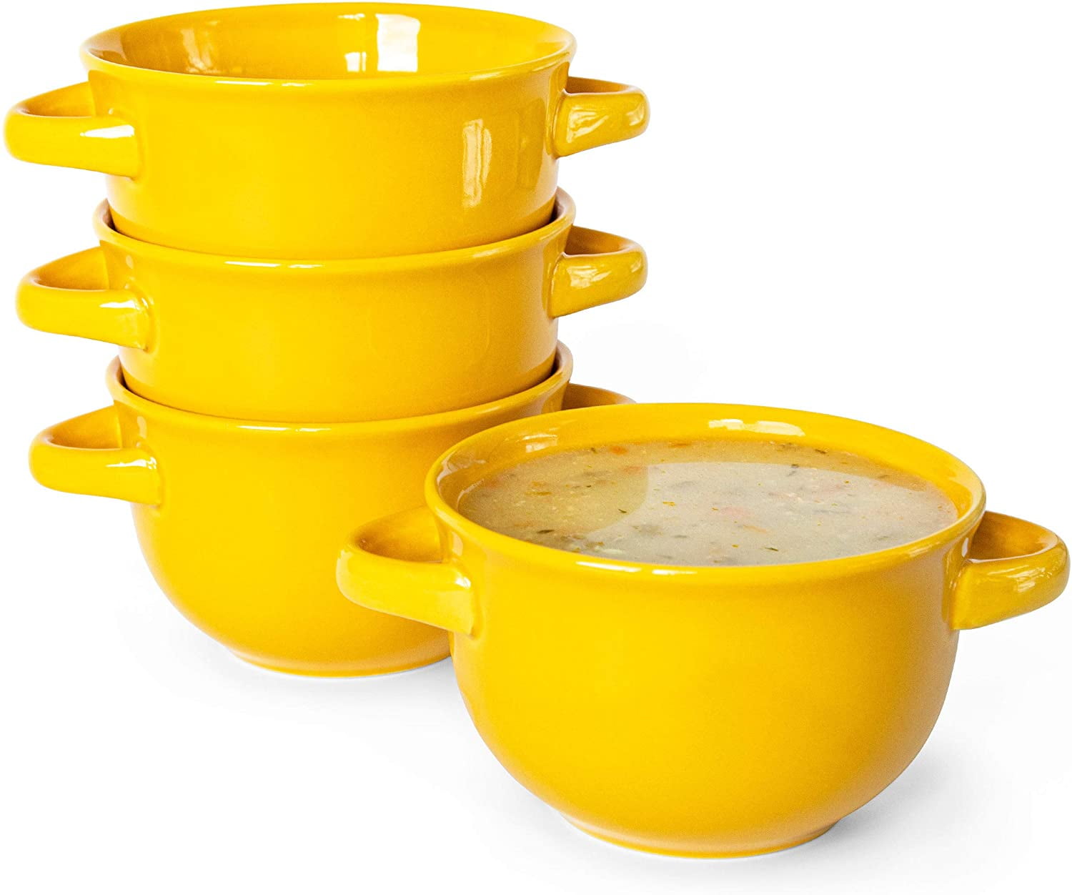 Kook Soup Bowls Crocks with Handles, 18 oz, Set of 4, Yellow
