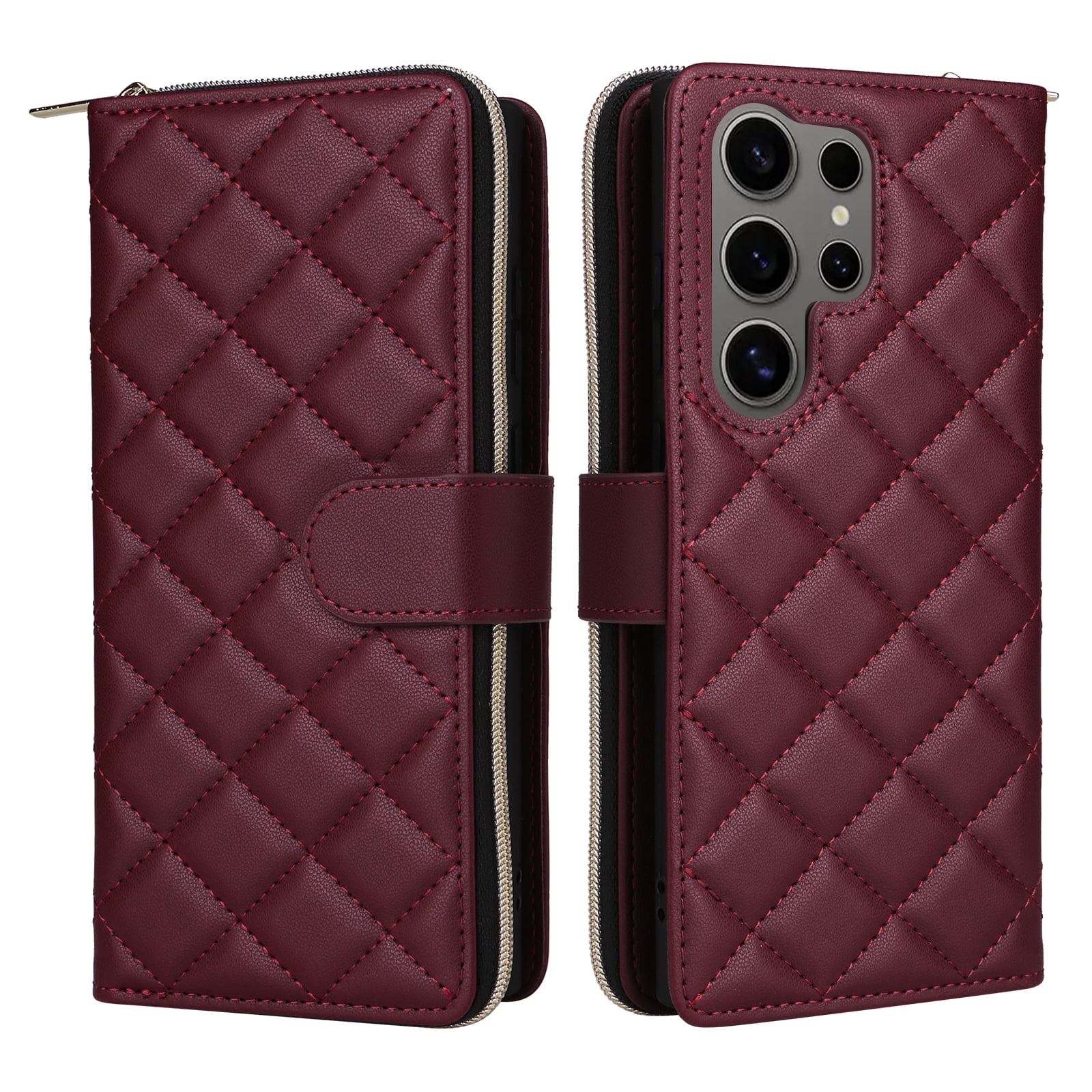 Compatible for Samsung Galaxy S24 Ultra Wallet Case, Crossbody Strap PU Leather Folio Phone Cover, Zipper Handbag Purse with Card Holder Lanyard Flip Stand for Samsung Galaxy S24 Ultra, Winered