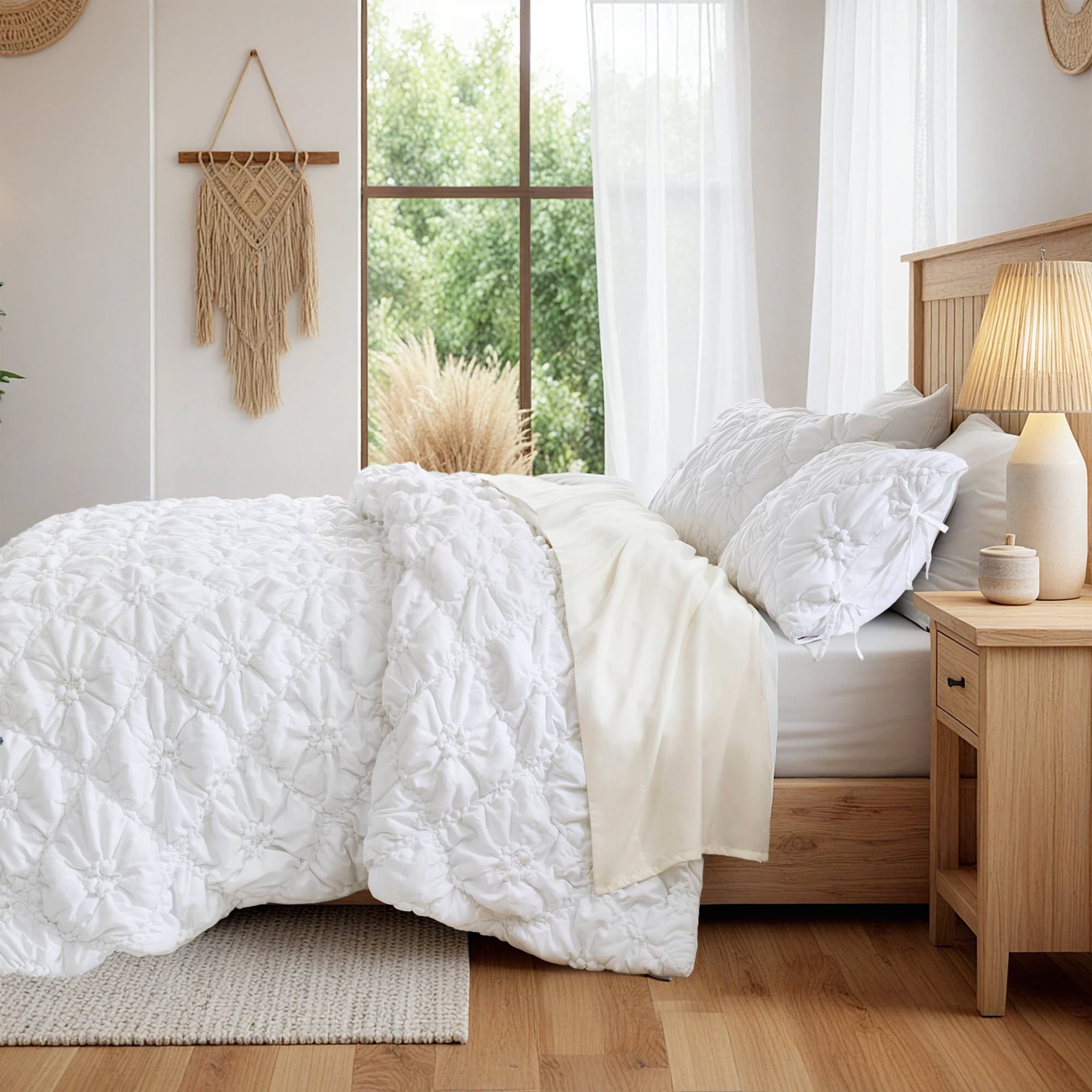 Regency Heights Twin/Twin-XL Textured Floral Comforter Set, Puffy Bow Tie Dorm Bedding Sets, 2-Piece White Elastic Ruching Comforter Bed Set with Sham for All Season