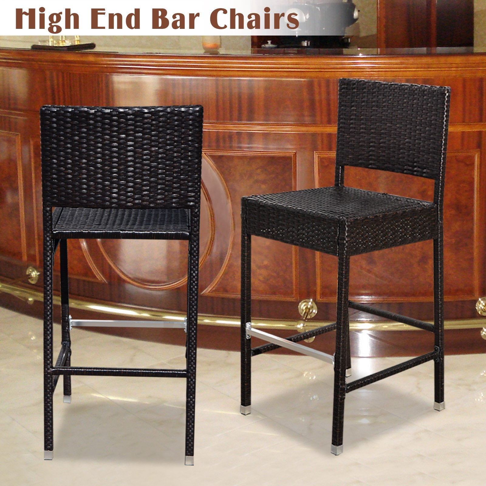 SUNNYOUTDOOR Wicker Bar Stool Patio Furniture All Weather Dark Coffee Barstool with Lean-Back, 2 Pack