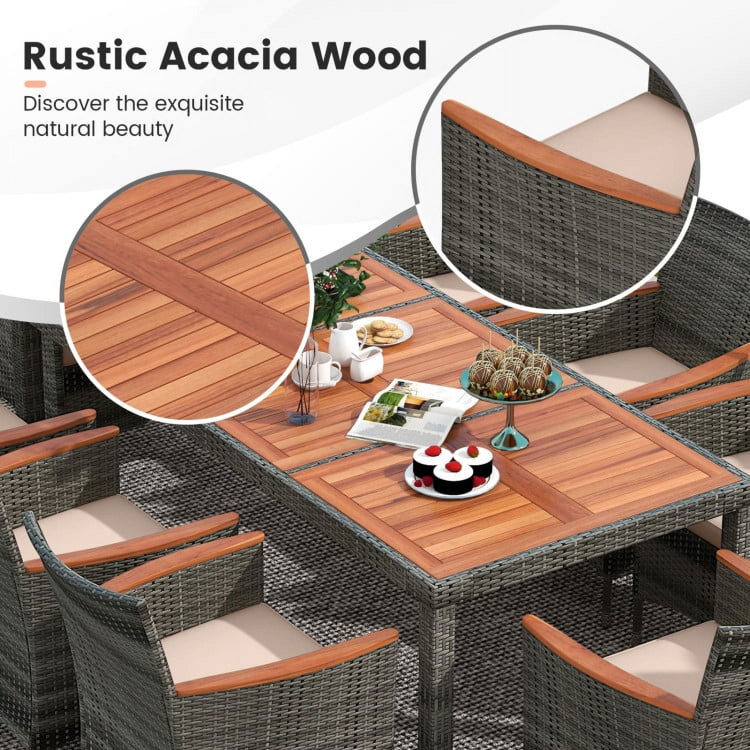 Aimee Lii 9 Pieces Rattan Patio Dining Set with Acacia Wood Table and Cushioned Chair, Outdoor Patio Furniture Aimee Lii 9 Pieces Rattan Patio Dining Set with Acacia Wood Table and Cushioned Chair, Outdoor Patio Furniture