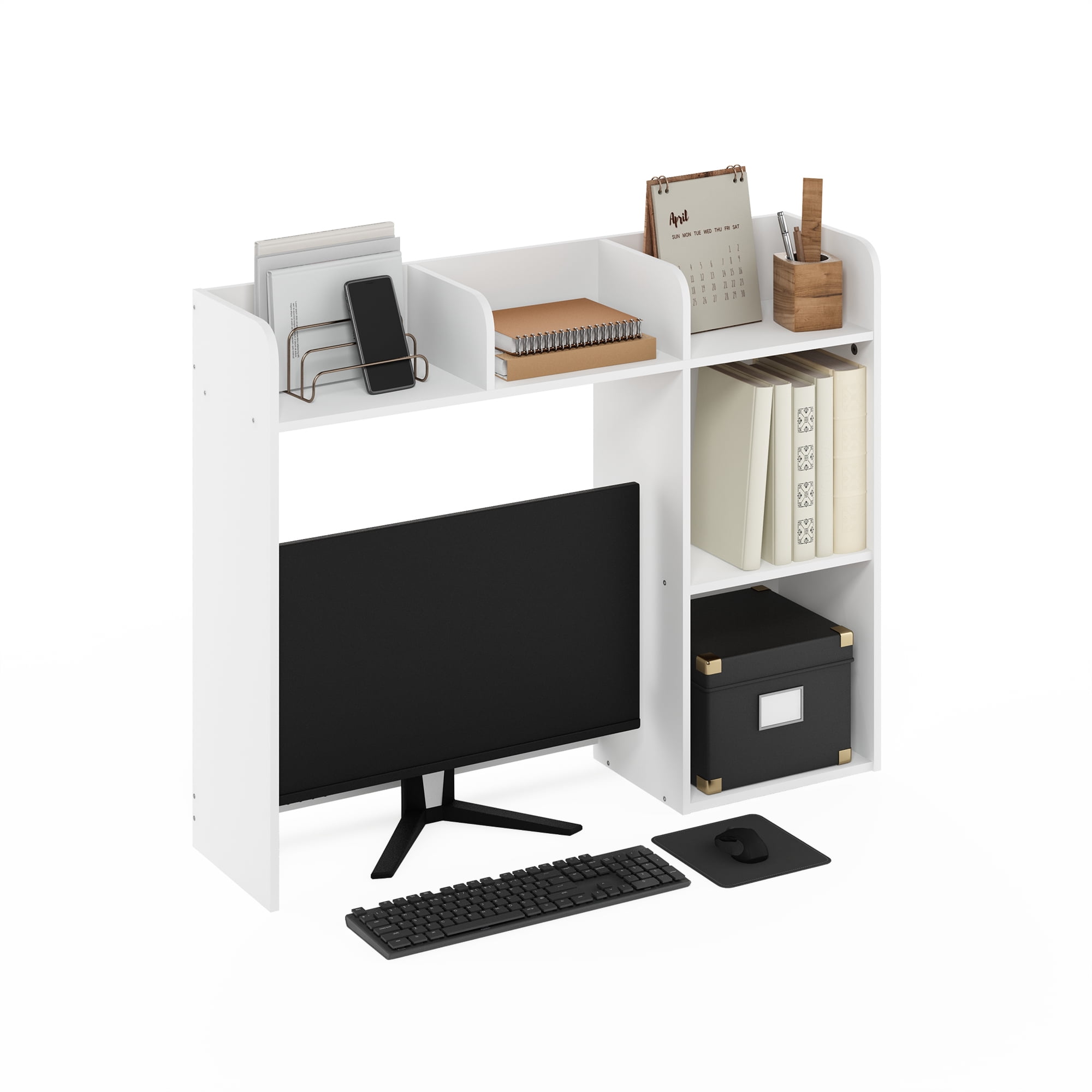 Furinno Classic Desktop Bookshelf Storage Hutch in Desk Organizer with 5 White