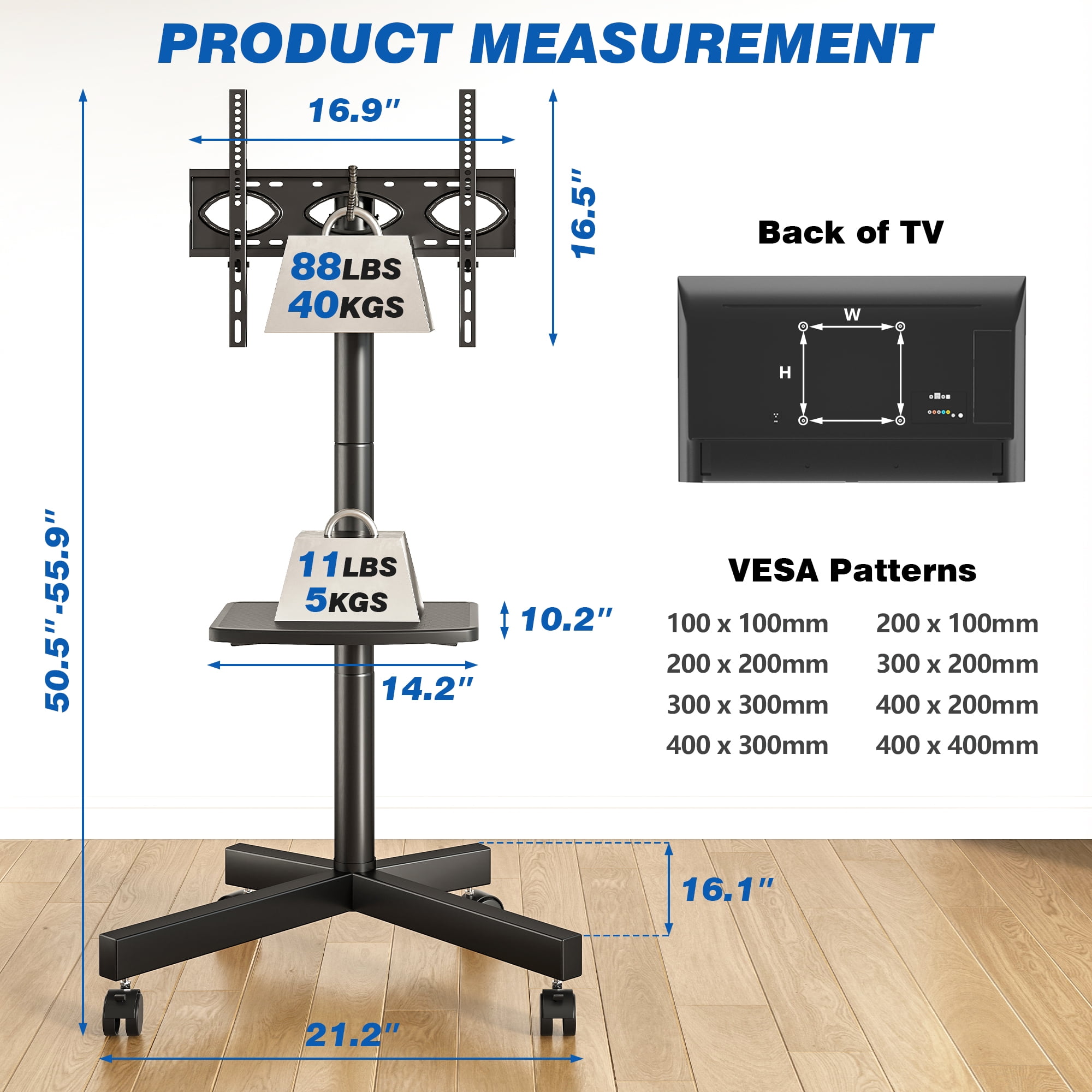 TAVR Furniture Mobile Rolling TV Cart with Locking Wheels for 23-60 inch TVs, Adjustable Rolling Floor Stand TV Trolley Holds up to 88lbs
