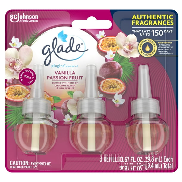 Glade PlugIns Scented Oil Refill Vanilla Passion Fruit, Essential Oil Infused Wall Plug In, 2.01