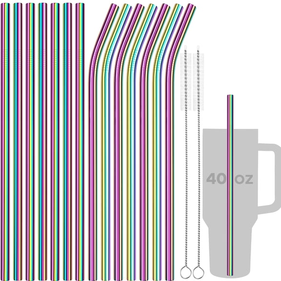 Tomorotec 40oz Straws, 14PCS Stainless Steel Replacement Straws Fit for Stanley 40oz Adventure Quencher Travel Tumblers w/2 Cleaning Brushes,Food-Grade, Dishwasher Safe for Smoothies (Metallic)