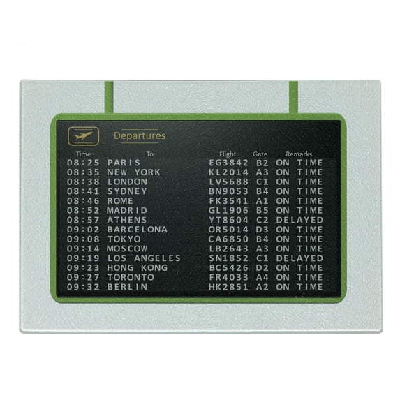 Airport Cutting Board, Digitally Generated Departure Board Flight Timetable List, Decorative Tempered Glass Cutting and Serving Board, in 3 Sizes, by Ambesonne