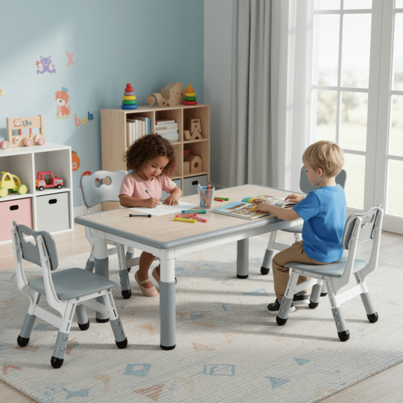 TLSUNNY Kids Table and 4 Chairs Set, Height Adjustable Toddler Activity Table, W/ Graffiti Desktop & Anti-Slip Legs, for Classroom / Home