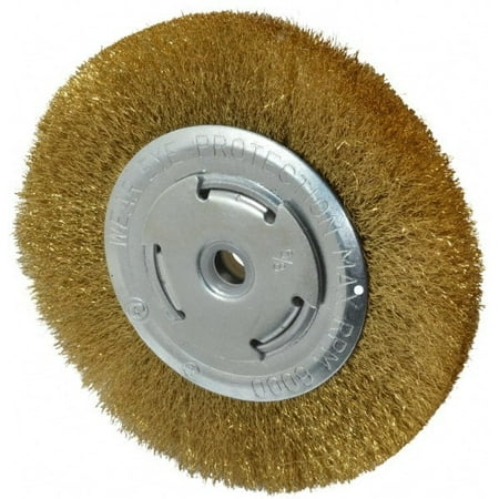 

Value Collection 6 OD 5/8 Arbor Hole Crimped Brass Wheel Brush 1/2 Face Width 1-1/8 Trim Length 0.008 Filament Diam 6 000 RPM