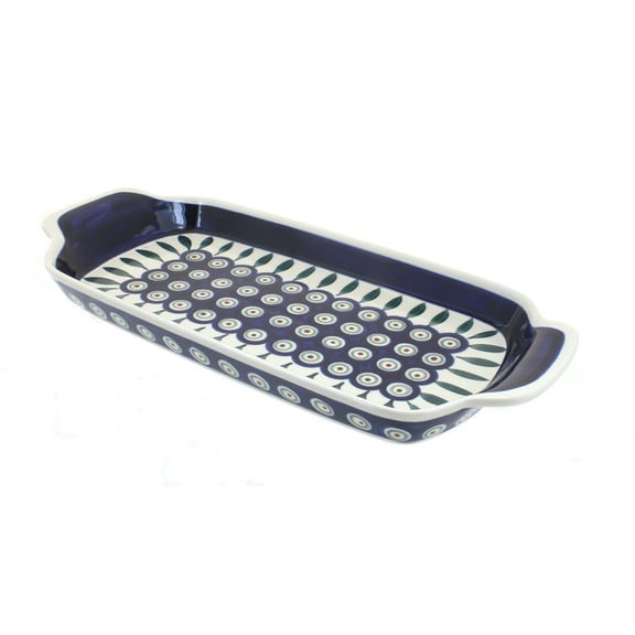 Blue Rose Polish Pottery Peacock Bread Tray with Handles