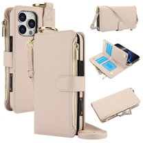 For iPhone 15 Pro Max RFID Blocking Protective Purse Wallet Case Magnetic Flip Cover Multi-Card Slots Zipper Pocket With Metal Ring Buckle Detachable Shoulder Strap And Wrist Strap Phone Case,Beige