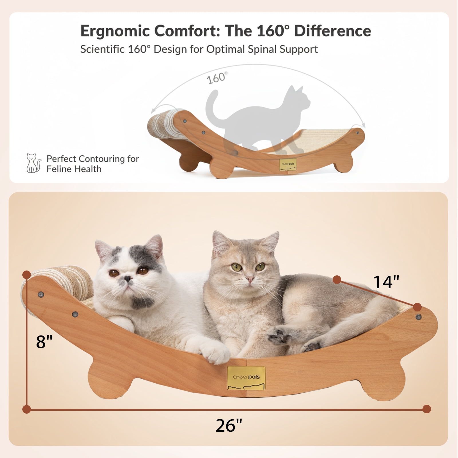 CheerPals Cat Scratcher Pad with Toy Balls, 27x14in Solid Wood Scratching Bed, Sisal Cats Chair Hammock Lounge for Indoor Cat