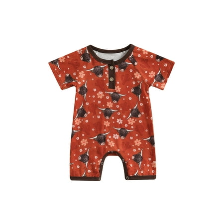 

jaweiwi Baby Toddler Western Romper for Girls Boys 0 3M 6M 12M 8M Short Sleeve Button Down Round Neck Cow Print Footless Jumpsuit