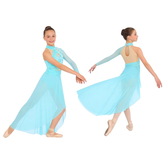 Aislor Girls One Shoulder Lyrical Dance Irregular Hem Ballet Leotard Dress Modern Contemporary Dancewear Light Blue 16