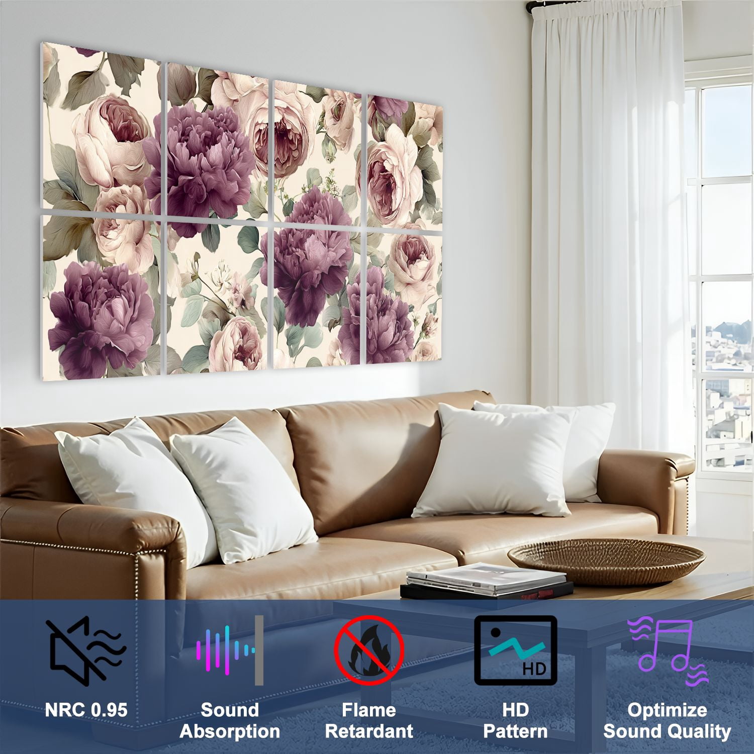 8 Pack Art Acoustic Panels Sound Absorbing Vintage Floral Purple Cream Peonies Decorative Soundproof Wall Panels Self Adhesive for Nursery Game Room Bedroom 48"x32"