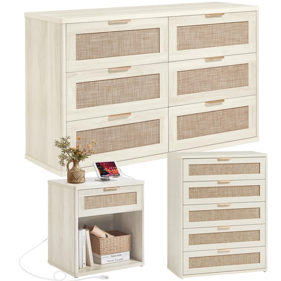 LEYAOYAO Rattan Bedroom Furniture Set of 3, 5 Drawer Dresser, 6 Drawer Dresser and 1 Drawer Nightstand with Charging Station, Grey White