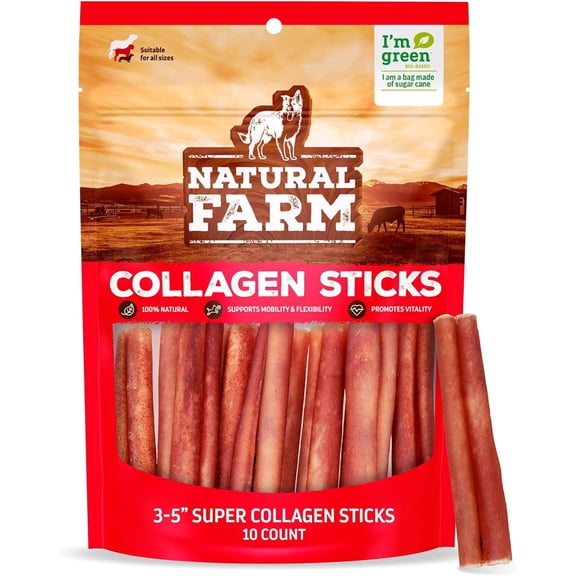 Natural Farm Odor-Free Super Collagen Dog Chews (3-5 Inch, 10-Pack) The First Ever Real Bull Sticks Alternative: 100% Natural Angus Hide Collagen Treats - More Protein, More Chew Time for All Dogs