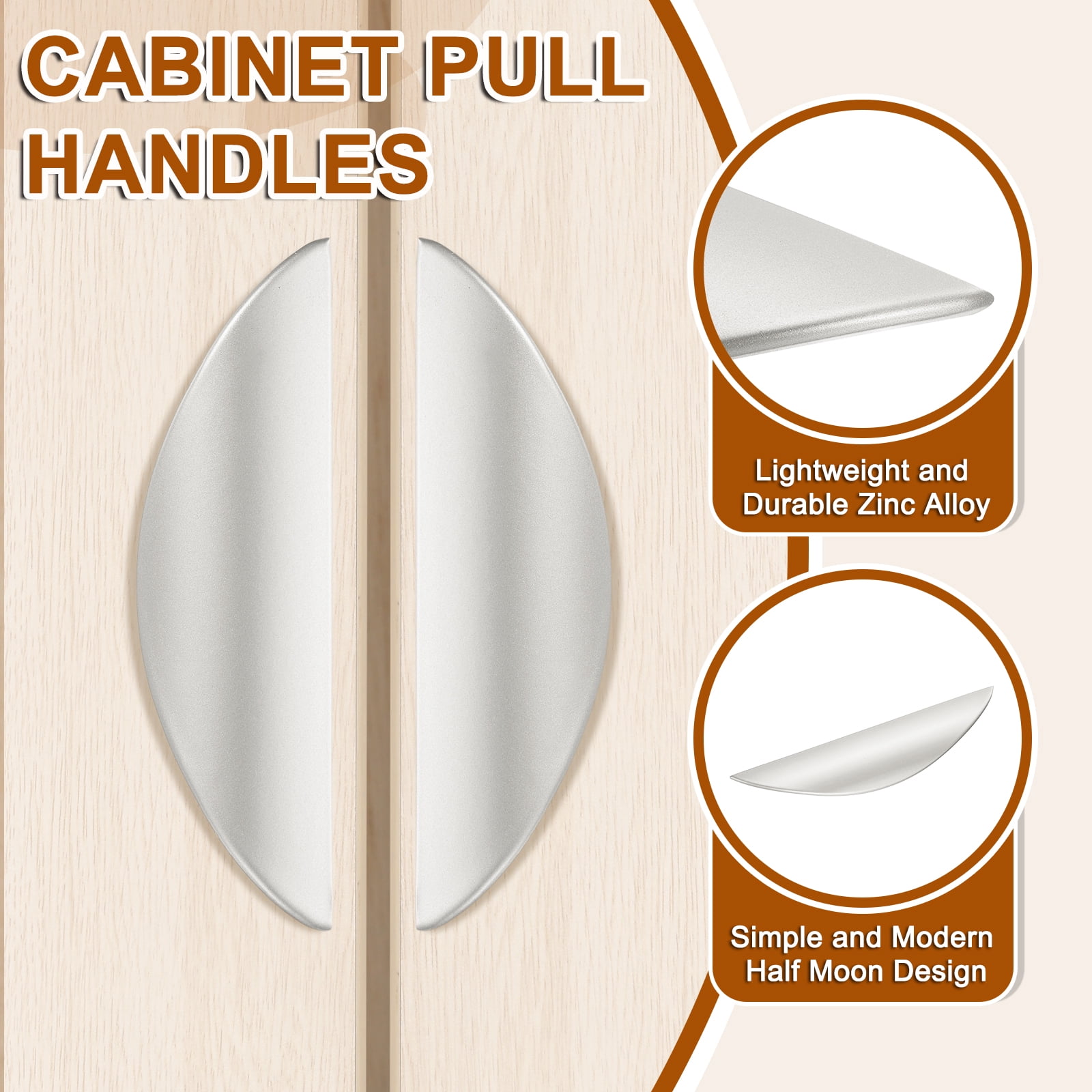 Uxcell 6 Pack Half Moon Cabinet Pull, 3.78" Hole Center Drawer Pulls Zinc Alloy Brushed Cabinet Pull Handles for Kitchen Cupboard Dresser Cabinet Hardware, Silver