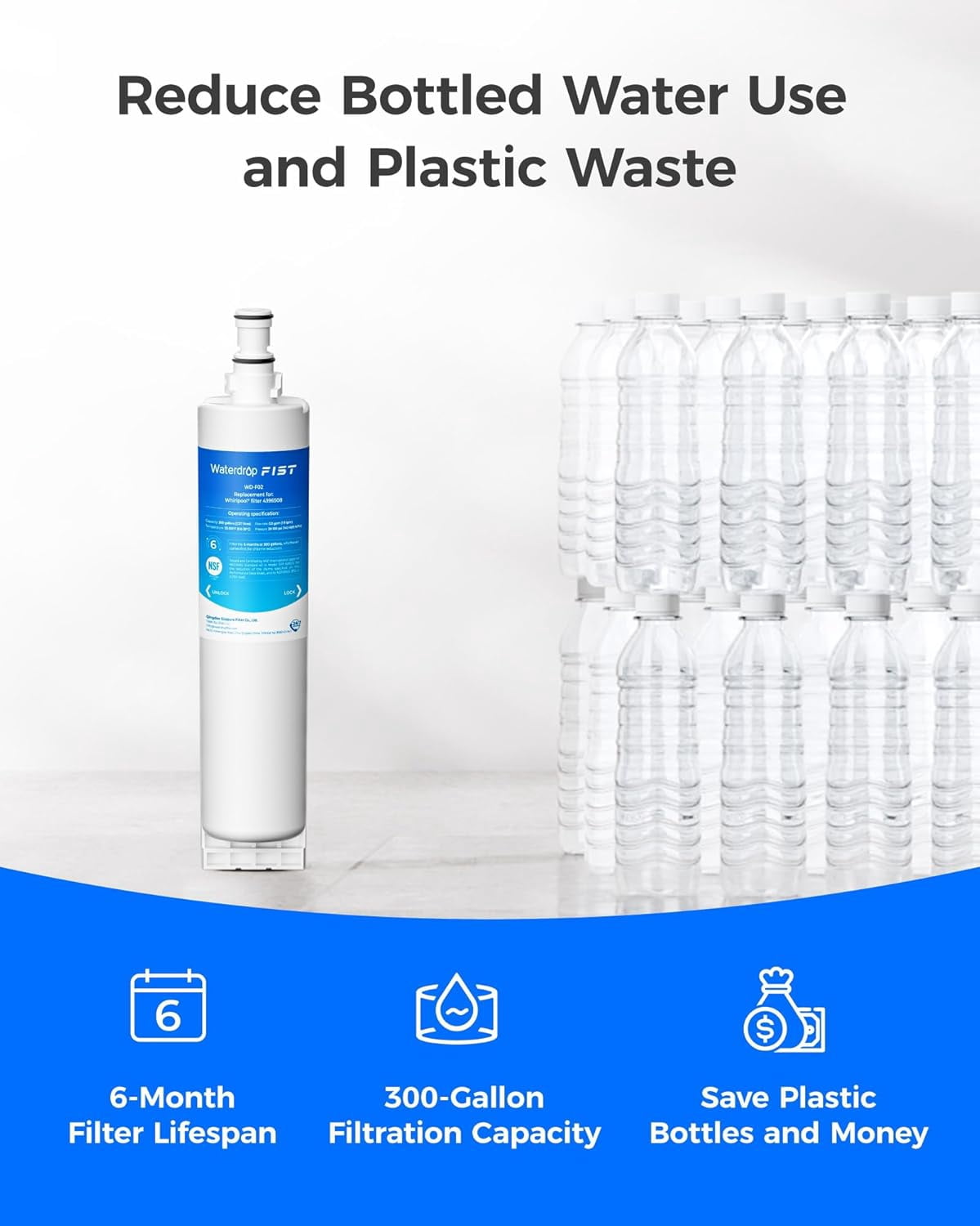Waterdrop 4396508 water filter Replacement for EveryDrop Filter 5, EDR5RXD1, Whirlpool 4392857, NL300, 4396510, 4396509, 4396547, LC400V, 4396510p, WF-NLC240V, PNL240V, 2Pack