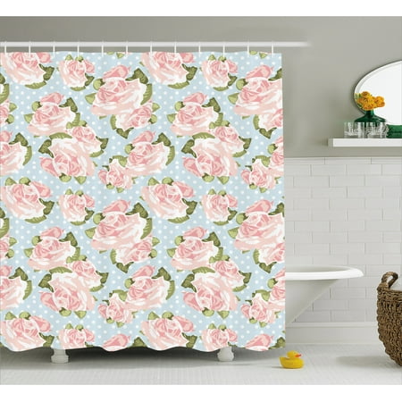 Shabby Chic Bathroom Decor Shabby Chic Decor Shower Curtain, Artistic English Gardening Plants Antique Victorian Fashion Polka Dots, Fabric Bathroom Set with Hooks, 69W X 70L Inches, Multicolor, by Ambesonne ()