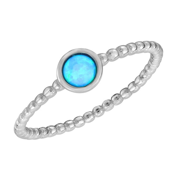 Round Blue Moonstone on Sterling Silver Beaded Band Ring for Female Size-7