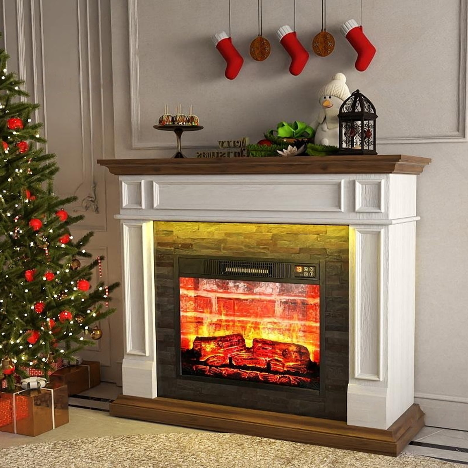 44" Fireplace Mantel with Led Lights & 23'' Electric Fireplace,Wooden Surround Firebox, Free Standing Fireplace, with Remote Control, Adjustable LED Flame,White & Brown