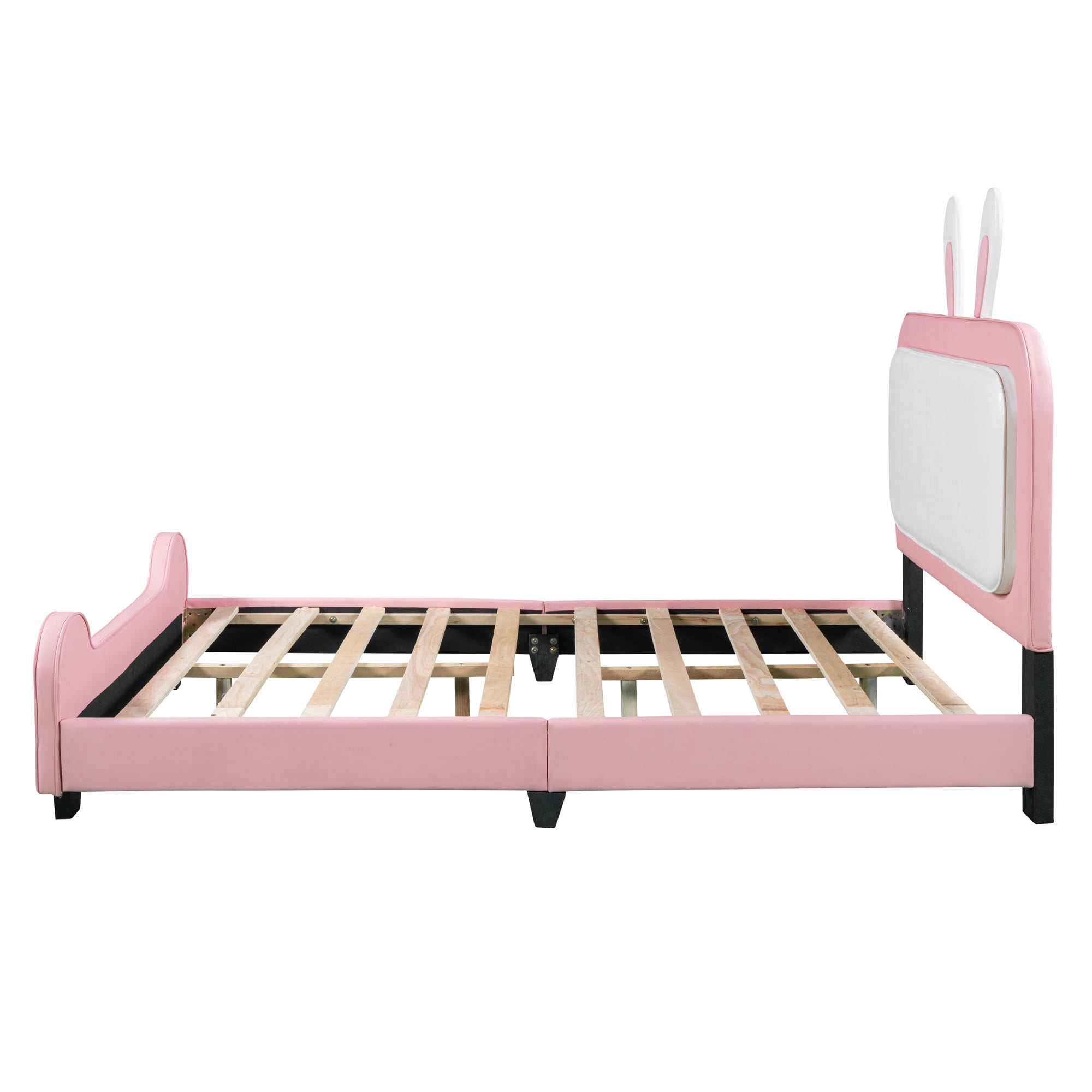 Aukfa Upholstered Platform Bed with Rabbit-Shape Headboard and Footboard, Full Size Princess Bed for Kids - White