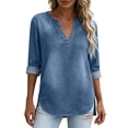 thumbnail image 2 of Miqool Women's Washed Denim Tunic Tops 3/4 Sleeve V-Neck Loose Fit Jean Blouse Casual Roll-Up Sleeve Everyday Shirts, 2 of 9