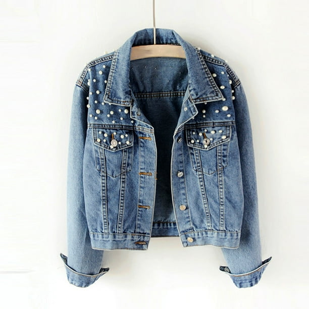 Women Denim Jackets Beads Button Long Sleeve Slim Streetwear Coat