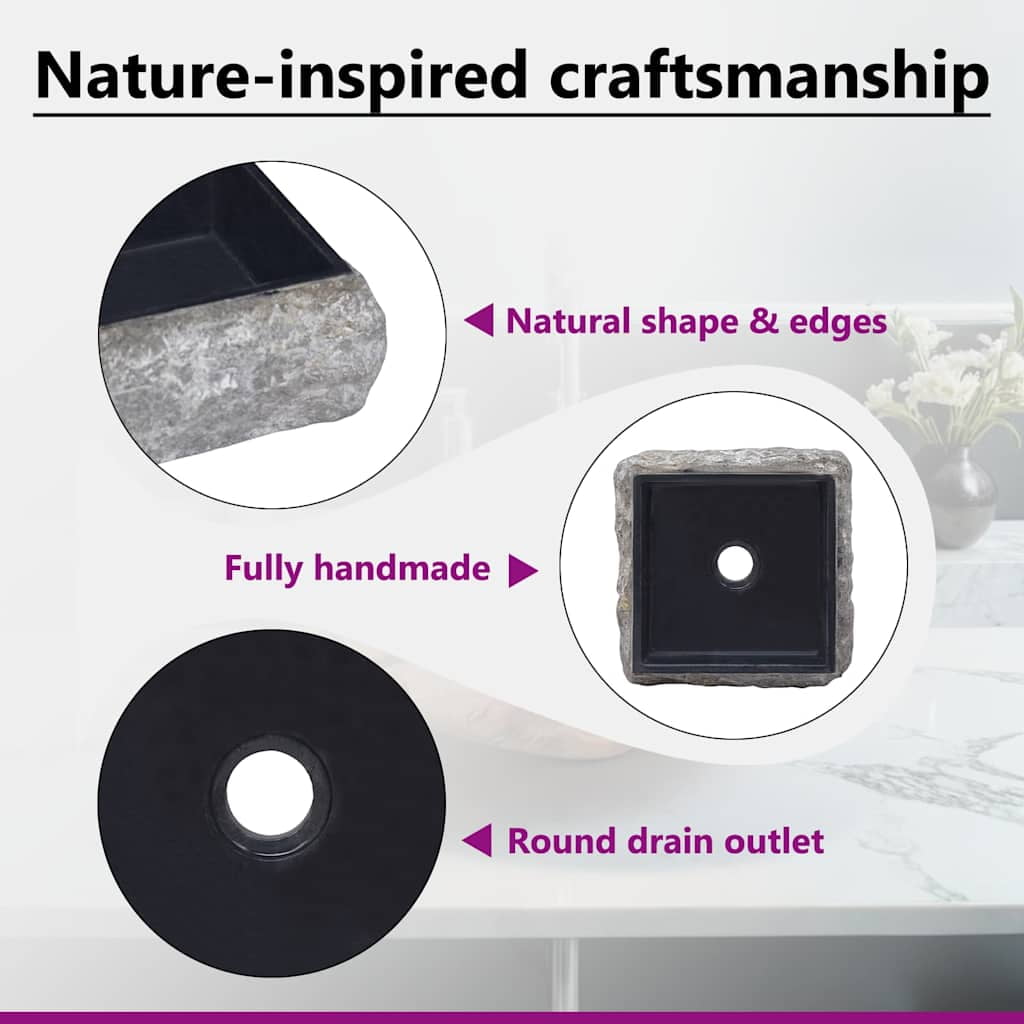 vidaXL Bathroom Basin, Countertop Vanity Sink, Natural Shape, Black 11.8"x11.8"x5.1" Marble Square