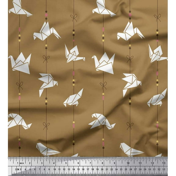 Soimoi Brown Cotton Voile Fabric Stripe & Paper Bird Art & Craft Decor Fabric Printed Yard 42 Inch Wide