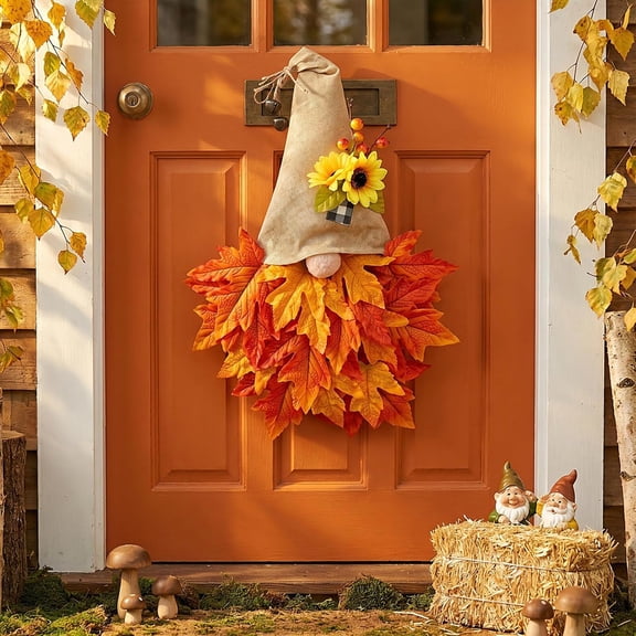 19 Inch Fall Gnome Maple Leaf Wreath, Artificial Autumn Sunflower Wreath for Front Door, Rustic Thanksgiving Harvest Home Decor, Orange (k)
