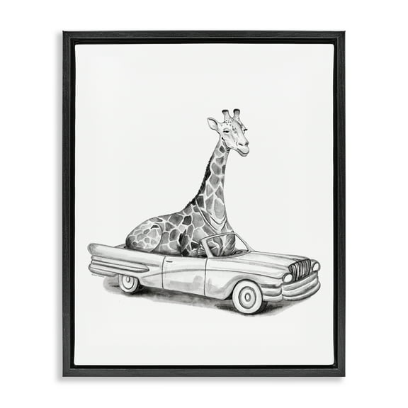 Stupell Industries Giraffe in Sports Car Transportation Painting Black Floater Framed Canvas Art Print Wall Art, 17 x 21