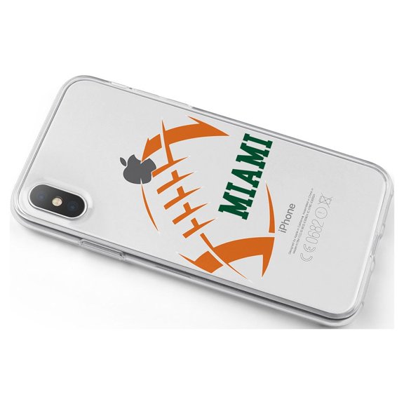 DistinctInk Clear Shockproof Hybrid Case for iPhone X / XS (5.8" Screen) - TPU Bumper, Acrylic Back, Tempered Glass Screen Protector - Miami Football - Orange, Green