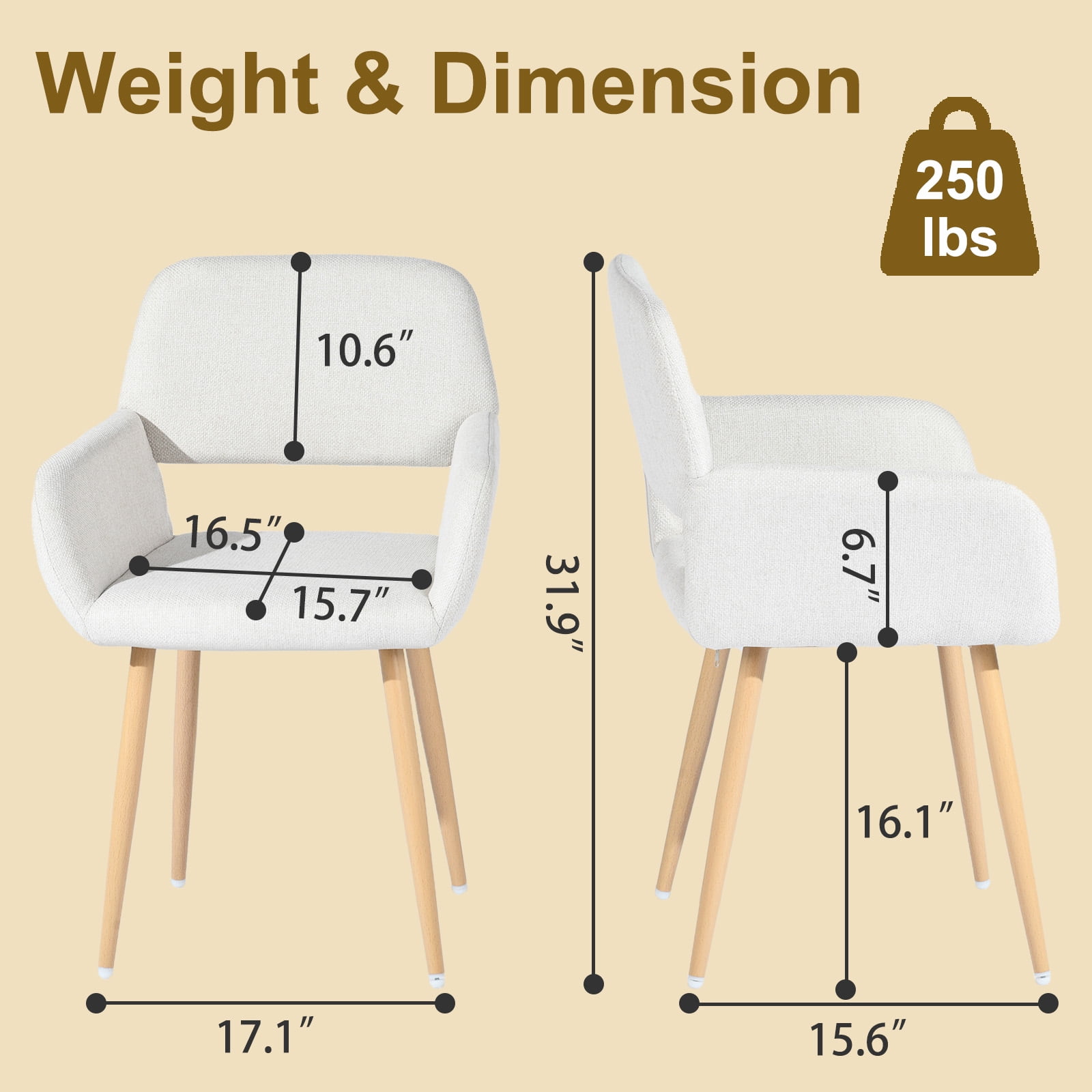 Homy Casa Lot de 2 fauteuils d'appoint modernes en tissu avec dossier ouvert et pieds en métal en bois