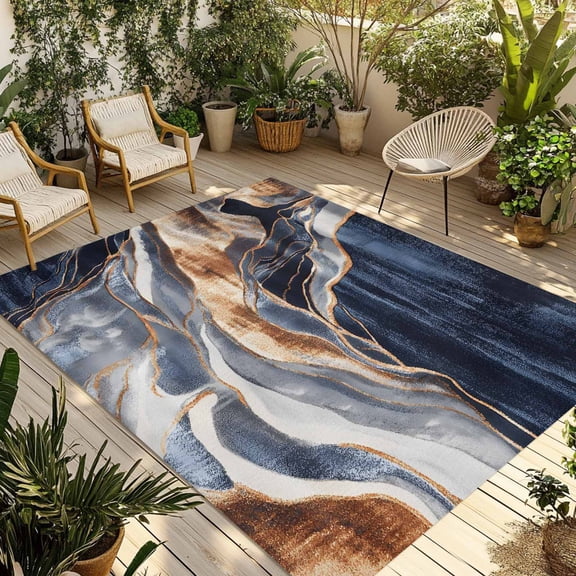 Fsddascl Orange Navy Blue Outdoor Rug for Patio/Deck/Porch, Non-Slip Large Area Rug 4 x 6 Ft, Marble Stone Abstract Art Indoor Outdoor Rugs Washable Area Rugs, Reversible Camping Rug Carpet Runner