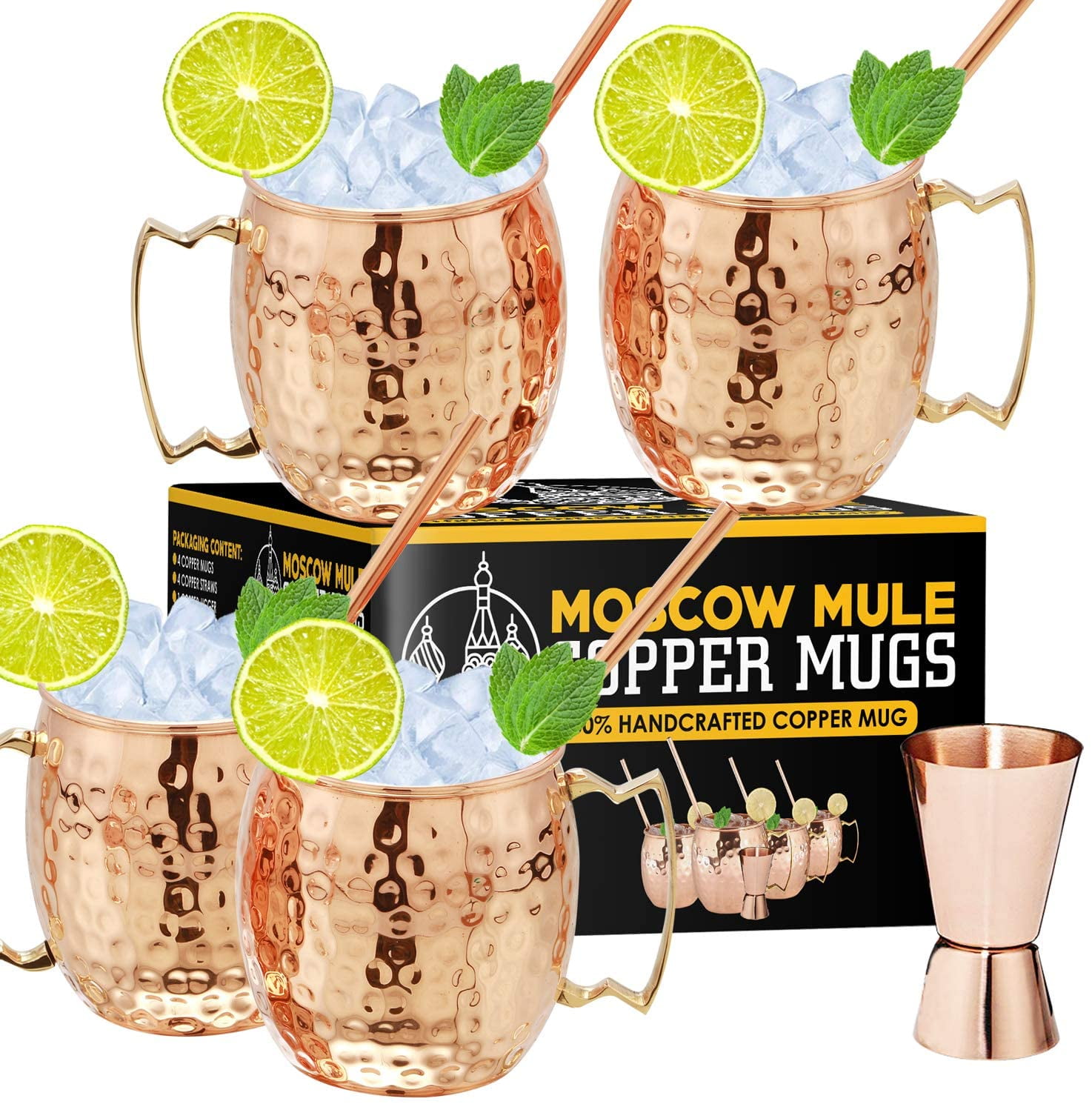 1x Double-Jigger 16 oz Cocktail Copper Cups for Gift Moscow Mule Mugs Set 4x Moscow Mule Mugs 4x Straws 1x Double-head Stirring Spoon