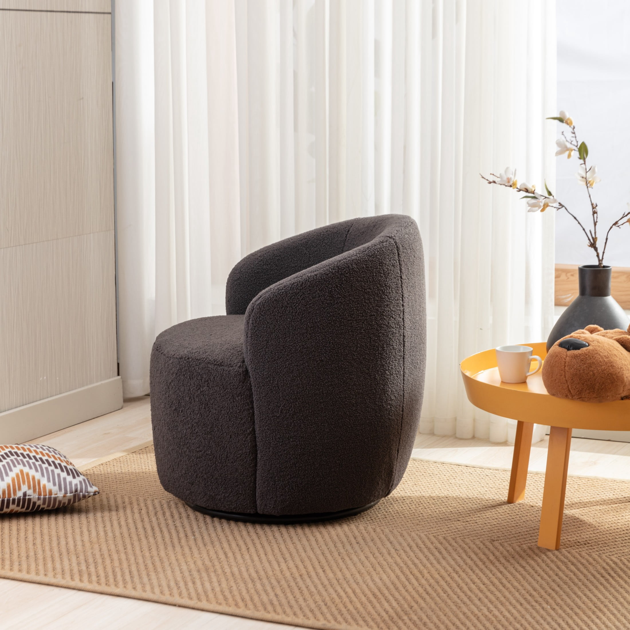 Noble House Arissa 26" Teddy Ergonomic Barrel Armchair, Swivel Reading Chair with Metal Base for Living Room, Dark Gray