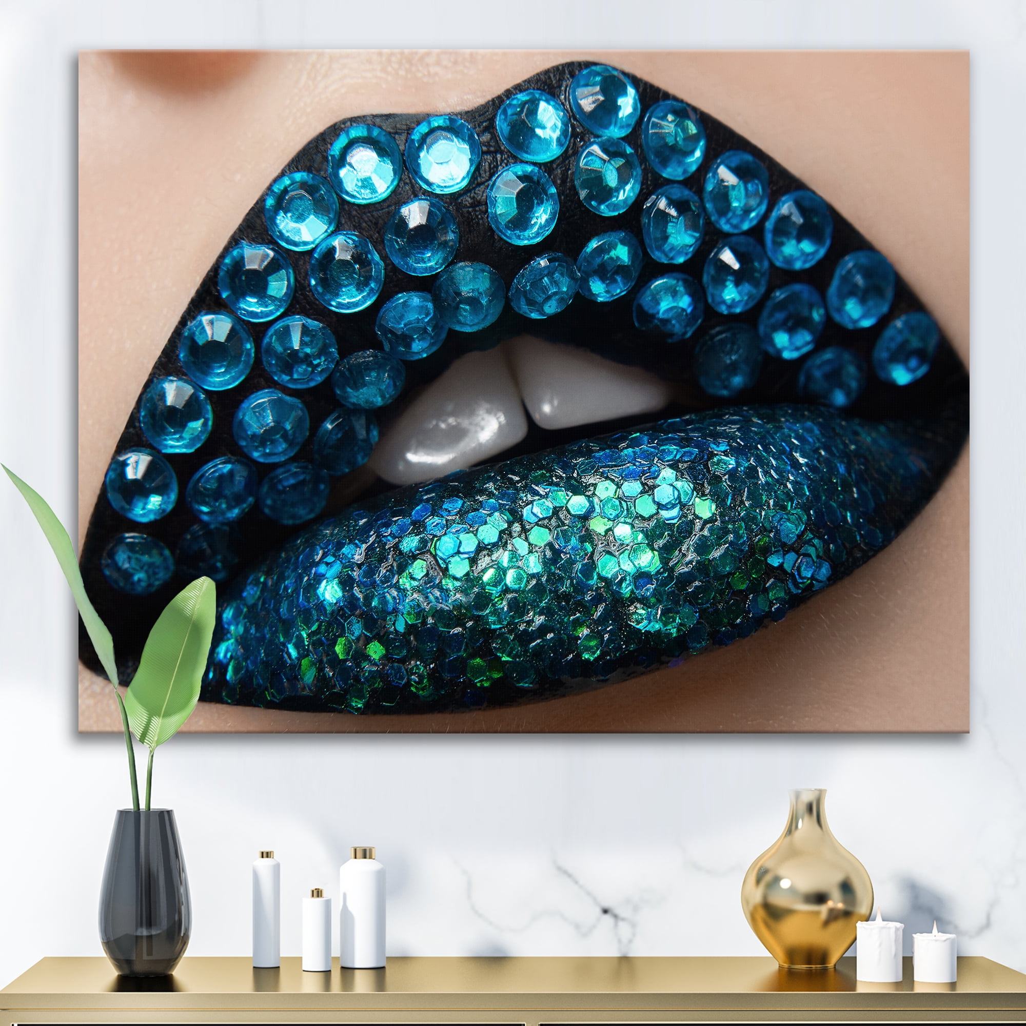 Designart ' Woman Lips With Black Lipstick Blue Diamonds ' Modern Canvas Wall Art Print