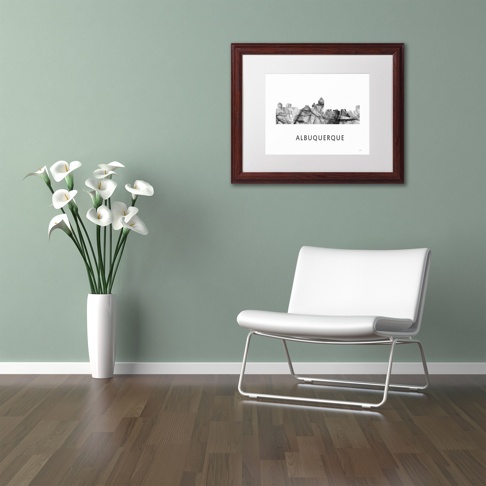 Trademark Fine Art 'Albuquerque NM Skyline WB-BW' Canvas Art by Marlene Watson, White Matte, Wood Frame