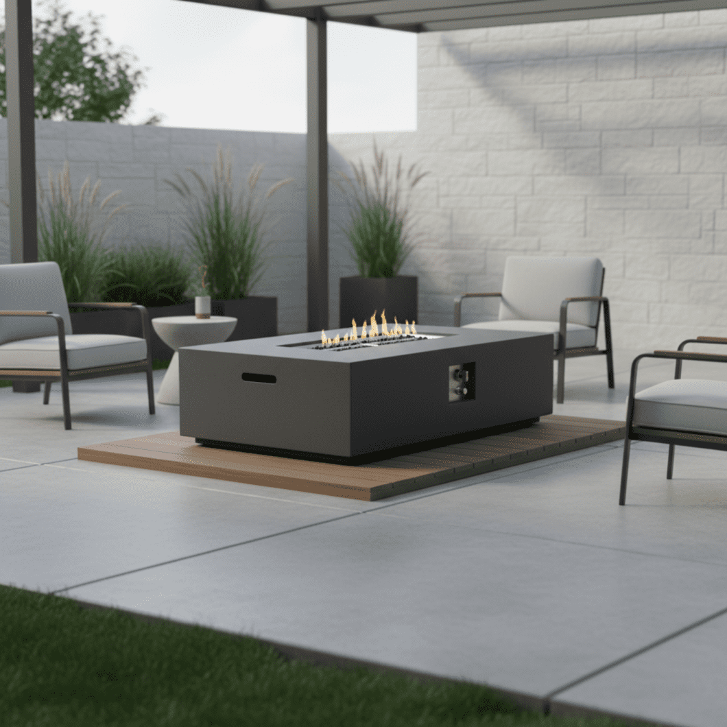 48" Propane Fire Pit Table, 50,000BTU Natural Gas Firepit Table with Lava Rock and Cover, Rectangule Concrete Fire Table with Adjustable Flame for Outside Patio, Light Grey
