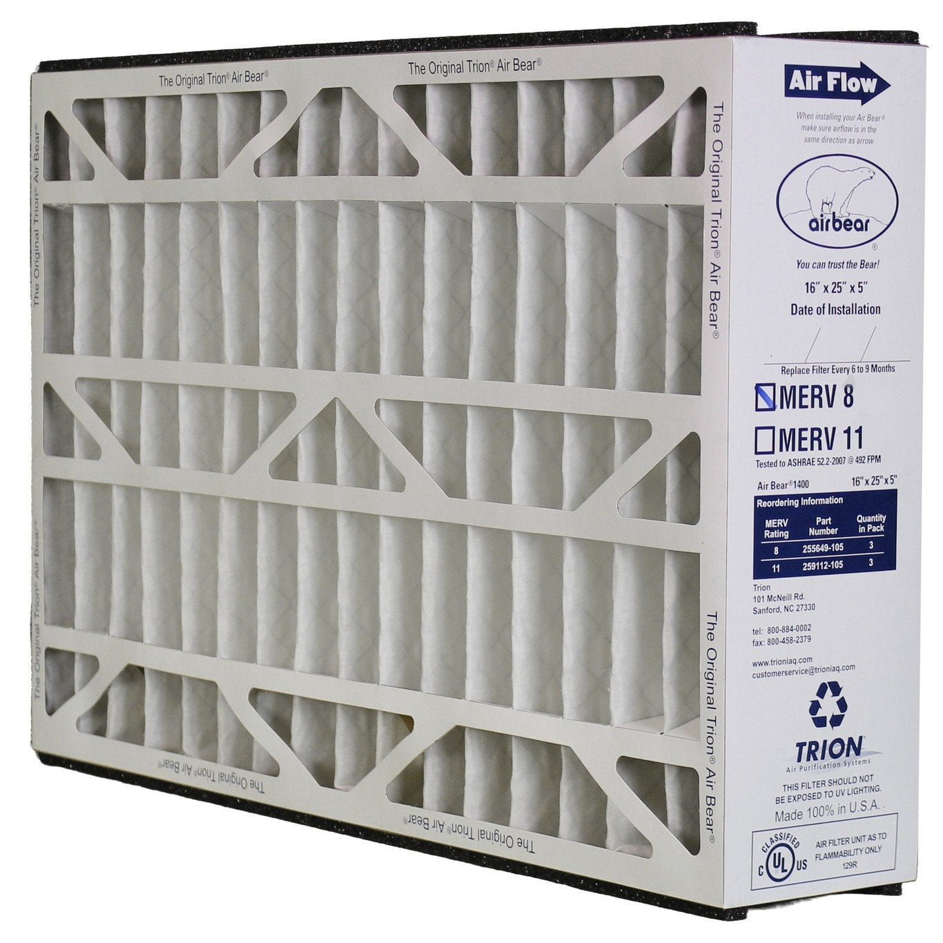 TRION AIR BEAR FURNACE PREFILTER FILTER FOR 20X25X5 16X25X5 PERMANENT WASHABLE 