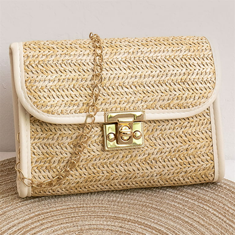 Dual Strap Straw Crossbody Shoulder Bag with Detachable Coin Purse - White