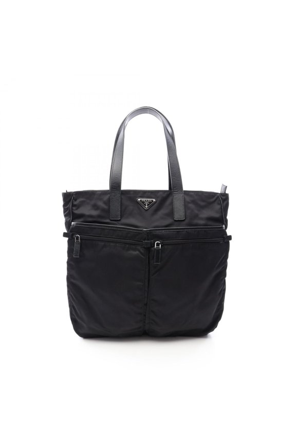 Pre-Owned Prada PRADA Triangle Plate Tote Bag Handbag Nylon Saffiano Leather Men's Black